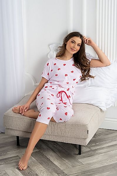 Mademoiselle Sommeil Capri-Pyjama Schlafanzug mit Herzmuster auf Rosé-Weiß günstig online kaufen