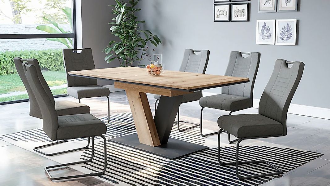 HELA Essgruppe "WESER" 7 Stk. tlg. Säulentisch 140-180x90 cm, Stuhl mit Fed günstig online kaufen