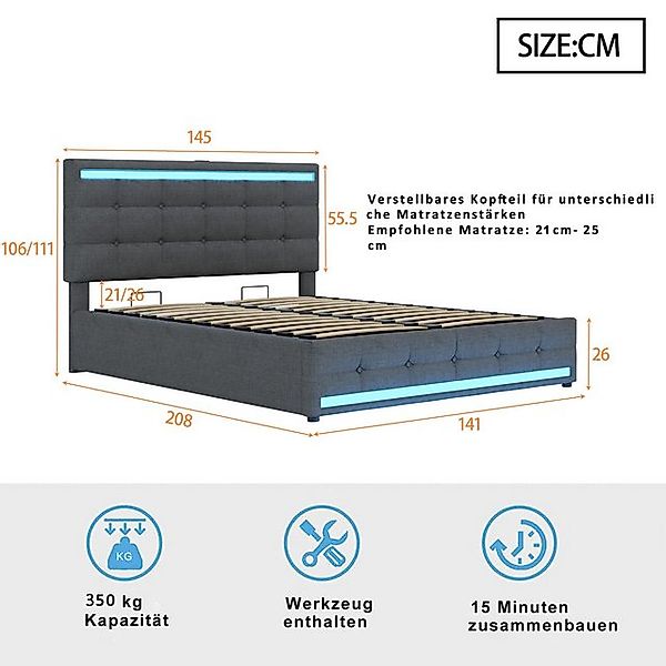 Flieks Polsterbett, LED Doppelbett Stauraumbett 2 USB-Anschluss 140x200cm L günstig online kaufen