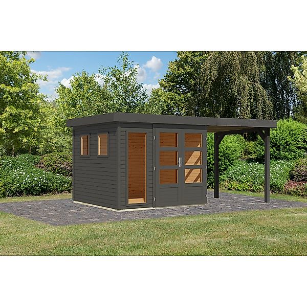Karibu Gartenhaus Maradi 3,5 Rundum m. Anbaudach Terragrau 211 x 238 x 242 günstig online kaufen