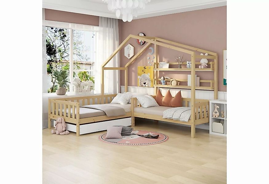 Flieks Kinderbett (1-tlg), Massivholz L-Struktur Hausbett 90x200cm+70x140cm günstig online kaufen