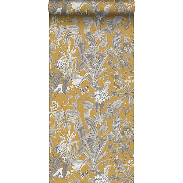 Sanders & Sanders Tapete Tropische Blätter Und Blüten Ockergelb Und Grau 53 günstig online kaufen