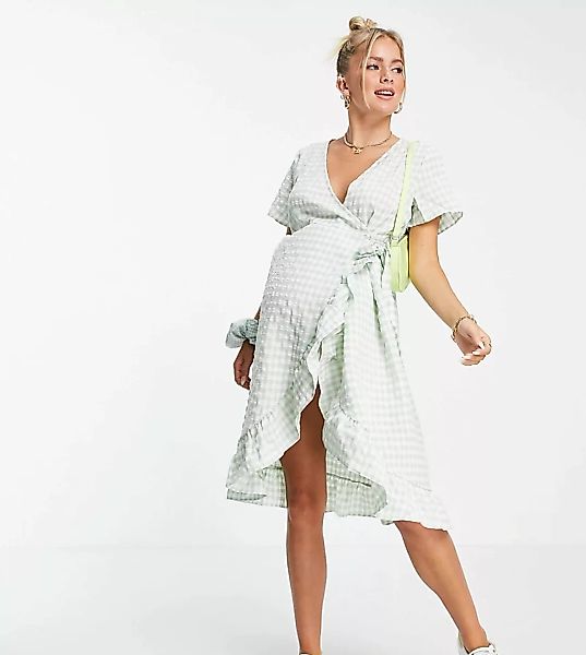 Mamalicious Maternity – Kariertes Midi-Wickelkleid aus Seersucker-Mehrfarbi günstig online kaufen