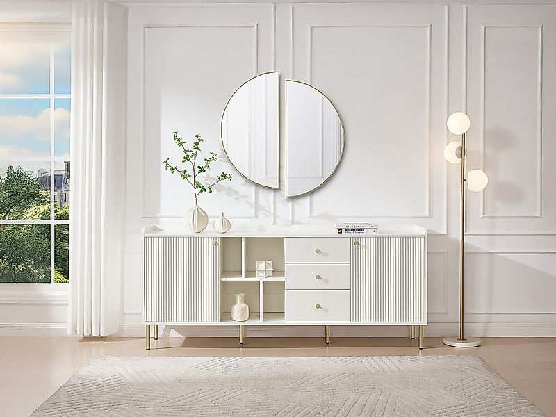 Sideboard mit 2 Türen, 3 Schubladen und 4 Fächern – Weiß & Gold – LUNAOR günstig online kaufen