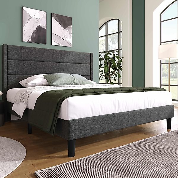 Bettgestell 140x200, Modernes Doppelbett, Dunkelgrau mit Lattenrost und Kop günstig online kaufen