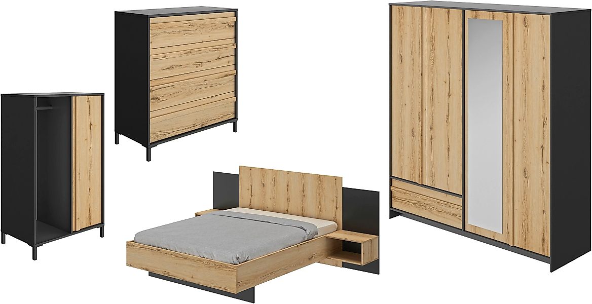 Gami Schlafzimmer-Set "Mimizan", (4 St., Bett, 2x Nachttische, Kleiderschra günstig online kaufen