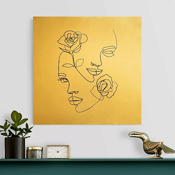 Leinwandbild Line Art Gesichter Frauen Rosen Schwarz Weiß günstig online kaufen
