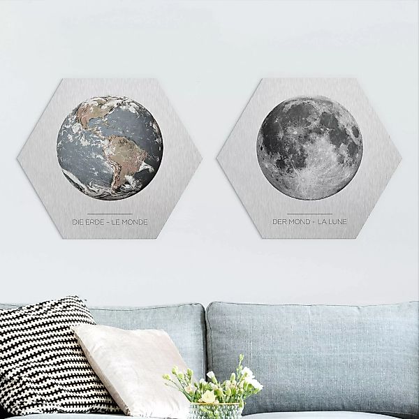 2-teiliges Hexagon-Alu-Dibond Bild Mond und Erde günstig online kaufen