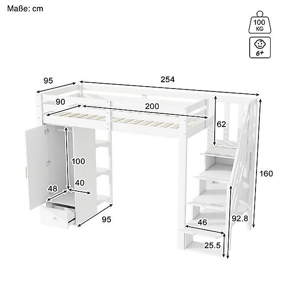 SOFTWEARY Hochbett (mit Kleiderschrank, 90x200 cm) Kinderbett mit Rausfalls günstig online kaufen