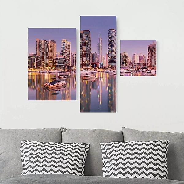 3-teiliges Leinwandbild - Querformat Dubai Skyline und Marina günstig online kaufen
