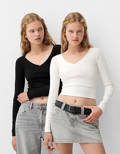 Bershka Doppelpack Langarmshirts Mit V-Ausschnitt Damen L Kombiniert günstig online kaufen