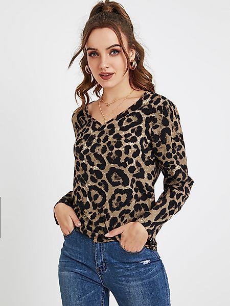 YOINS BASICS Leopard Langarm-T-Shirt mit V-Ausschnitt günstig online kaufen