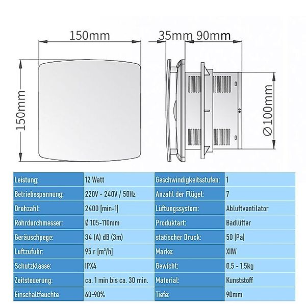 XERSEK Wandventilator Badlüfter leise Ø 100mm günstig online kaufen