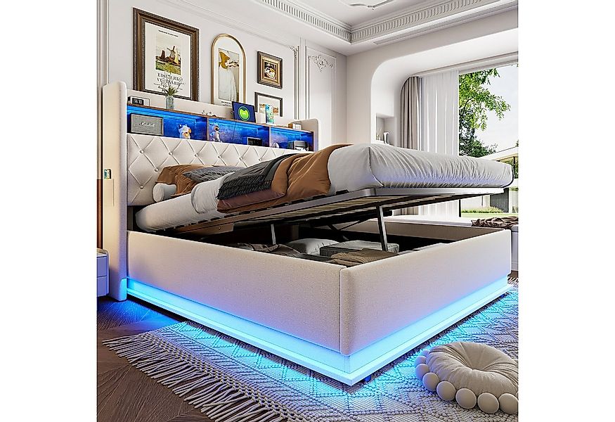Flieks Polsterbett, LED Doppelbett 180x200cm mit USB-Ladefunktion & hydraul günstig online kaufen
