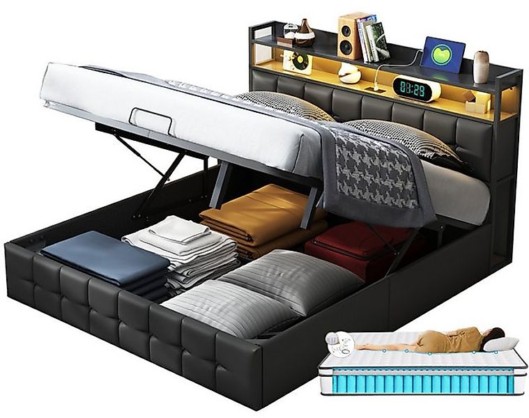 FUROKOY Polsterbett Doppelbett Stauraumbett Hydraulisch anhebbarer mit LED günstig online kaufen