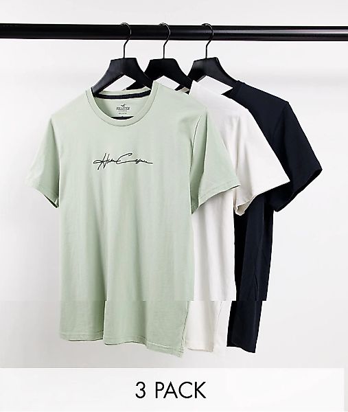 Hollister – 3er-Pack Funktions-T-Shirts in Weiß/Grün/Schwarz mit Logo-Schri günstig online kaufen
