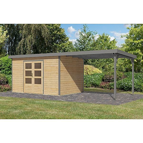 Karibu Gartenhaus Domingo 7 A m. Anbaudach Naturbelassen/Grau 219 x 360 x 2 günstig online kaufen