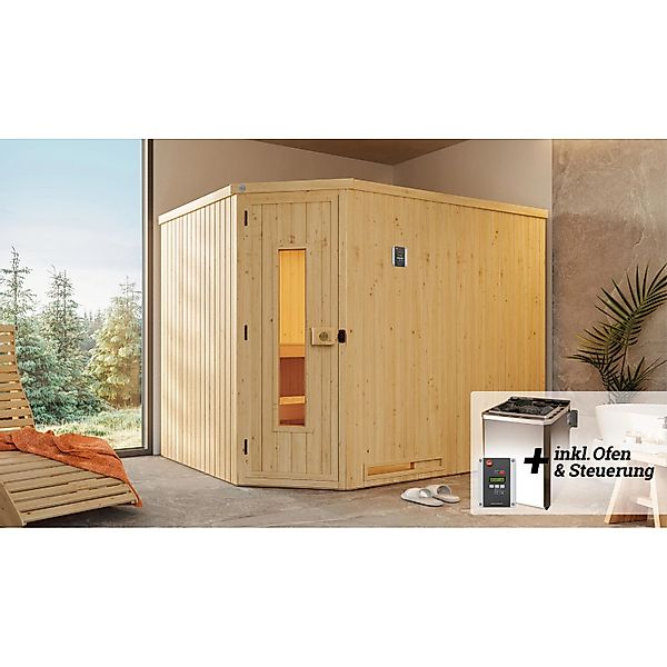 Weka Element-Ecksauna Varberg 4 Sparset 7,5 kW BioS Holztür günstig online kaufen