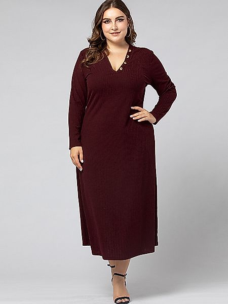 Plus Size V-Ausschnitt Knopfdesign Lange Ärmel Maxi Kleid günstig online kaufen