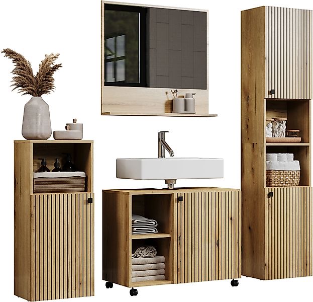 welltime Badmöbel-Set Amrum Waschbeckenunterschrank Spiegel Hochschrank günstig online kaufen