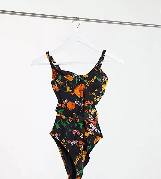 ASOS DESIGN Tall – Badeanzug mit Bügeln, Taillengürtel und hübschem Blumenm günstig online kaufen
