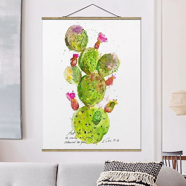 Stoffbild Blumen mit Posterleisten - Hochformat Kaktus mit Bibelvers III günstig online kaufen