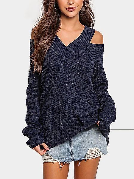 Navy Cold Shoulder Pullover mit V-Ausschnitt und langen Ärmeln günstig online kaufen