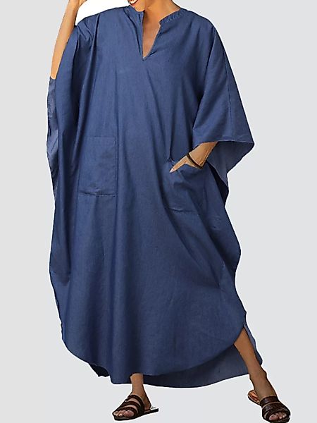 Einfarbige Batting Sleeve Lose Maxi mit V-Ausschnitt Kleid Für Woemn günstig online kaufen