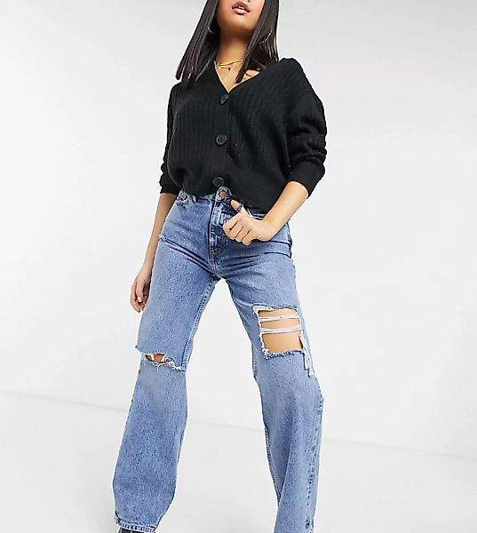 New Look Petite – Baggy-Jeans mit Zierrissen in Blau günstig online kaufen