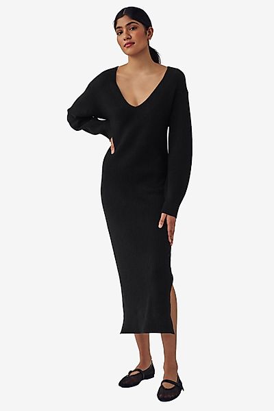 Next Strickkleid Geripptes Langarm-Pulloverkleid mit V-Ausschnitt günstig online kaufen