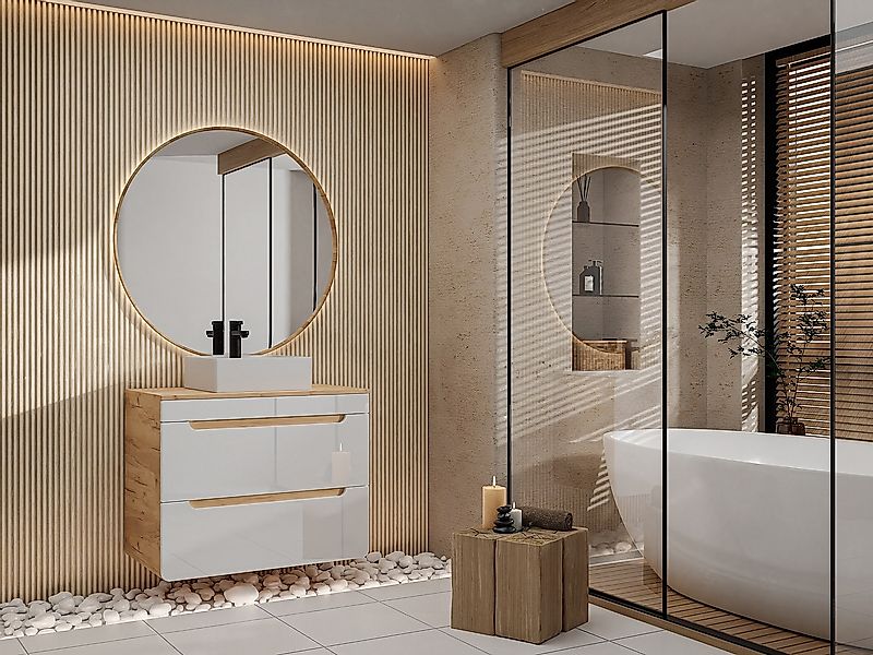 Waschbeckenunterschrank hängend mit Platte - 80 cm - Holzfarben hell & Weiß günstig online kaufen