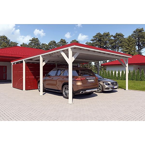 Holzbrüder Carport Ralf 52m² mit Geräteraum Reinweiß-Rot günstig online kaufen