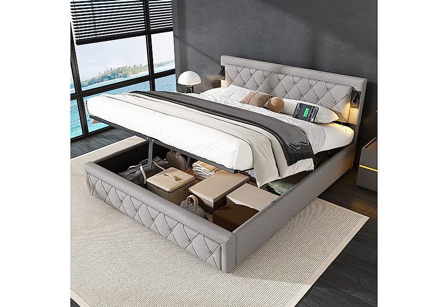 HAUSS SPOLE Polsterbett 180x200cm mit Downlight, USB, Rautenstreifen-Kopfte günstig online kaufen