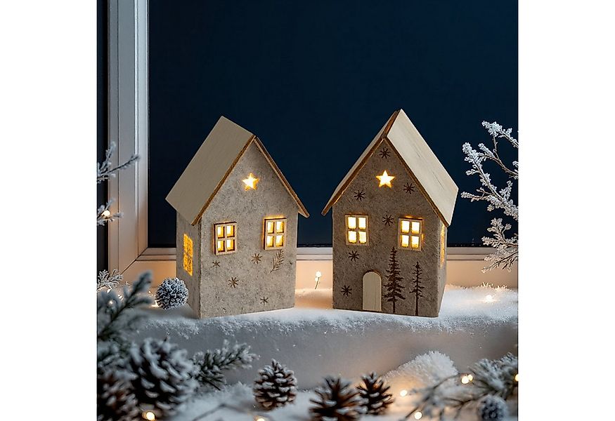 Spetebo LED Dekofigur LED Filz Winterhaus mit Holzdach 2er Set - 10 x 7 cm, günstig online kaufen
