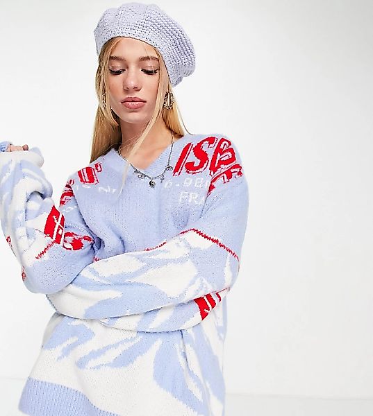 Reclaimed Vintage Inspired – Pullover in Blau mit V-Ausschnitt und Bergland günstig online kaufen