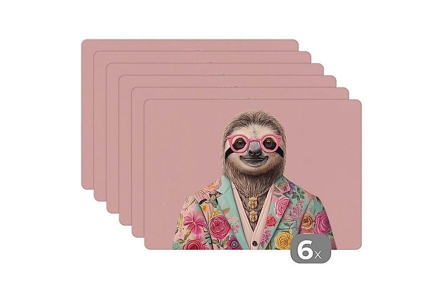 MuchoWow Platzset Faultier - Blumendruck - Brille - Rosa, (6-St), Platzsets günstig online kaufen