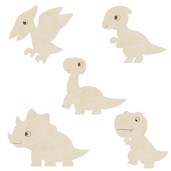 WANDStyle Wanddeko Set aus Holz Dinos 5-teilig in der Farbe Pappel Höhe 20 günstig online kaufen