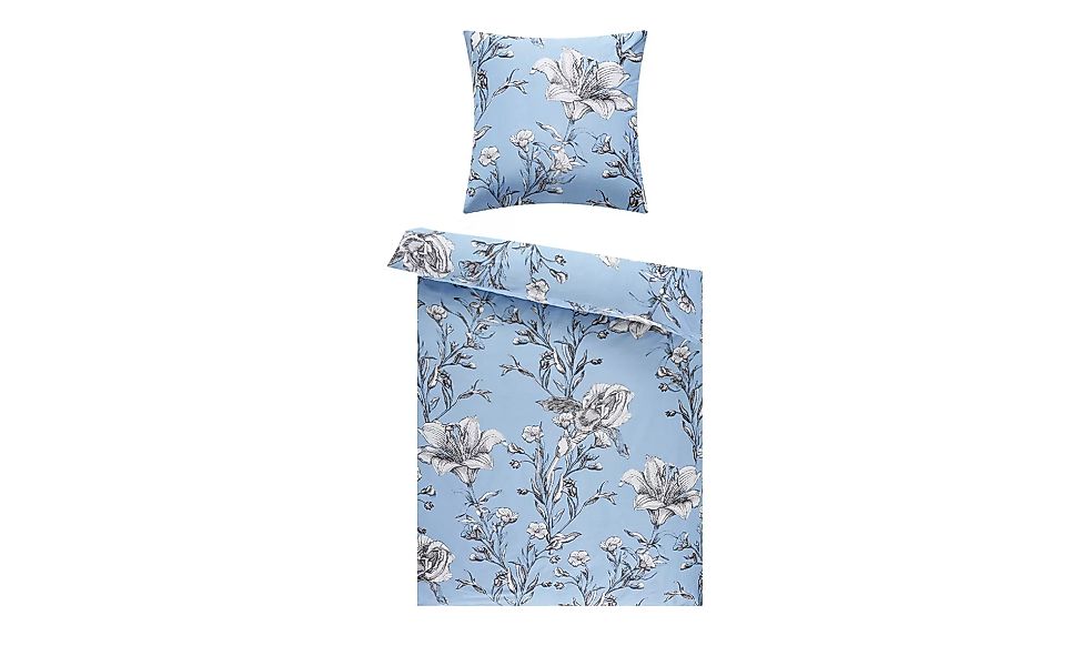 HOME STORY Satin Bettwäsche  Full Bloom - blau - 100% Baumwolle - 135 cm - günstig online kaufen