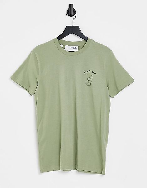 Selected Homme – T-Shirt aus Bio-Baumwolle in Khaki mit „One Up“-Logo auf d günstig online kaufen