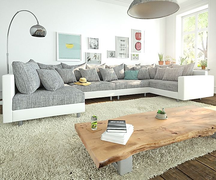 Wohnlandschaft Clovis XL Weiss Hellgrau Modulsofa Armlehne günstig online kaufen