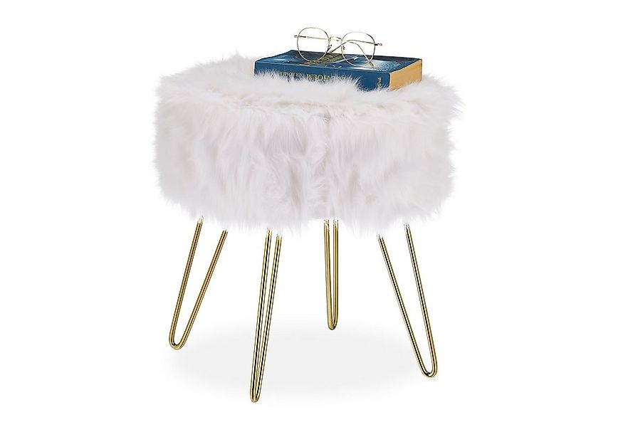 relaxdays Sitzhocker Fellhocker Kunstfell Weiß-Gold günstig online kaufen
