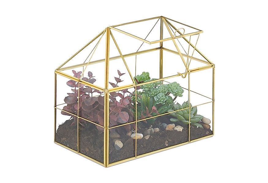 relaxdays Gewächshaus Pflanzenterrarium aus Glas Hausform, 1-St., gold günstig online kaufen