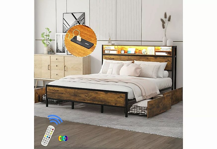 Flieks Holzbett, LED Beleuchtung Doppelbett mit 4 Schubladen USB-Ladefunkti günstig online kaufen