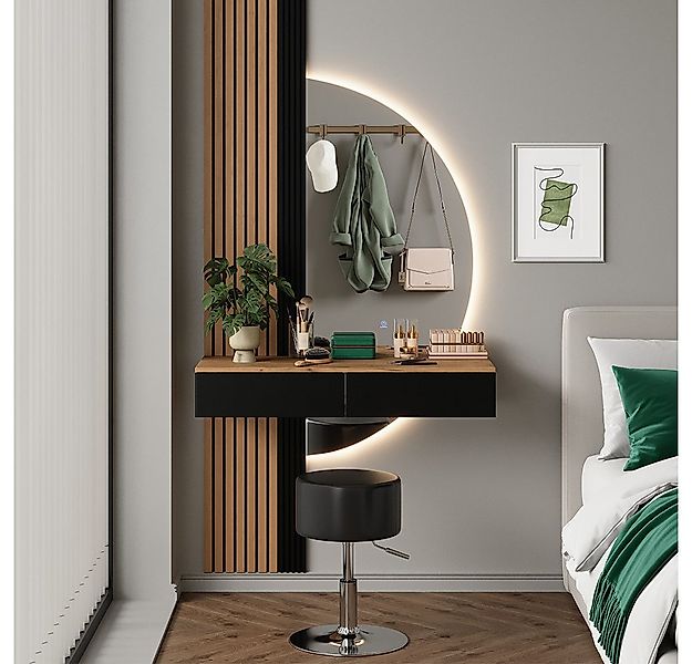 Vicco Schminktisch Melina, Eiche/Schwarz, 100 cm mit LED-Spiegel und Hocker günstig online kaufen
