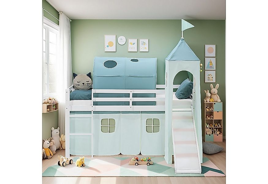 Homestyle4u Hochbett 90x200 Stockbett Vorhang Kinderbett Holz Kiefer Weiß G günstig online kaufen