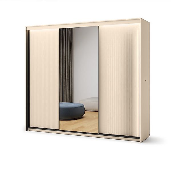 Friderik-EU Schiebetürenschrank 250 cm mit Spiegel & LED – Schwarz Sandbeig günstig online kaufen