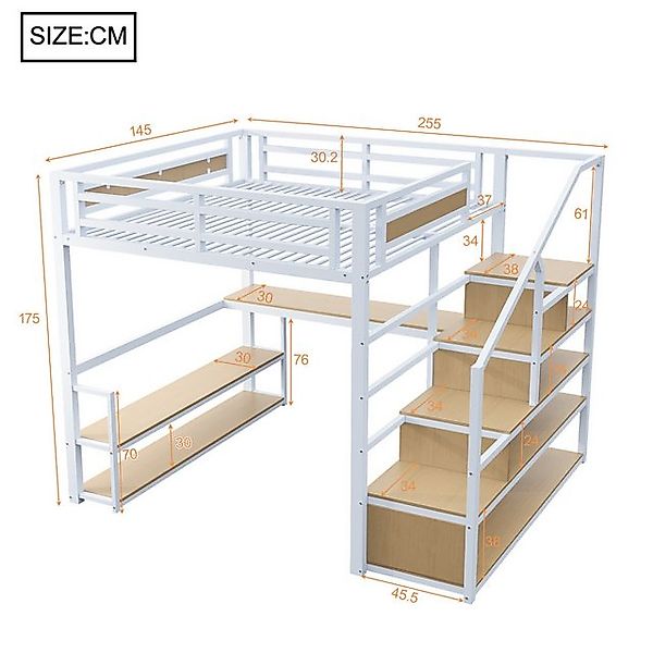 Merax Hochbett 140x200cm (255 x 145 x 175 cm, Metallbett Jugendbett Funktio günstig online kaufen