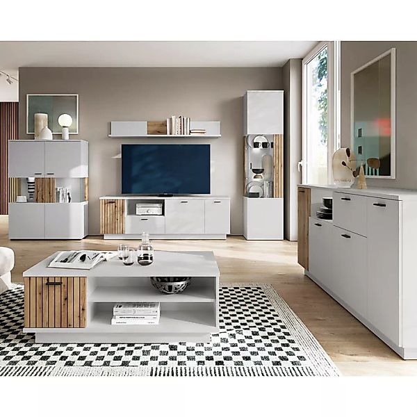 Wohnzimmer Set grau mit Eiche ASHBURTON-129 modern 6-teilig mit Couchtisch günstig online kaufen
