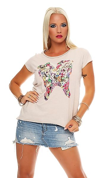 Mississhop Kurzarmshirt Damen Pailletten Schmetterlingsapplikation T-Shirt günstig online kaufen