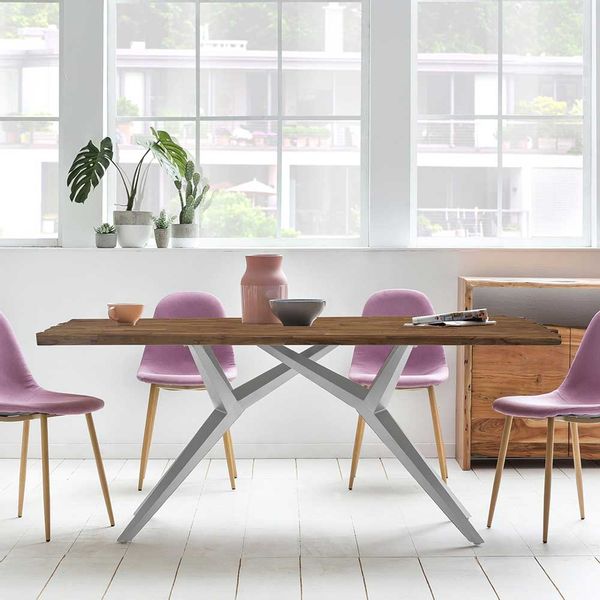 Design Esstisch in Teak und Altsilberfarben Massivholzplatte günstig online kaufen